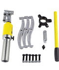Heavy Duty 5 And 15 Ton Hydraulic Gear Puller Adjustable Jaw Wheel Bearing Separator Kit For Mechanics Seeking Kickass Holding Power And No Sweat Setup During Rapid Hub Removal On Any Workbench - includes silver puller arms and yellow handle.