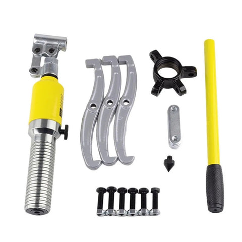 Heavy Duty 5 And 15 Ton Hydraulic Gear Puller Adjustable Jaw Wheel Bearing Separator Kit For Mechanics Seeking Kickass Holding Power And No Sweat Setup During Rapid Hub Removal On Any Workbench - includes silver puller arms and yellow handle.