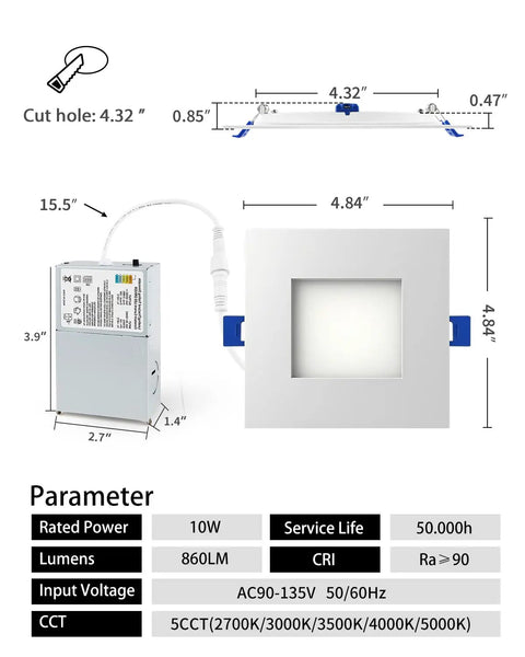 Adetu 4 inch Square Led Recessed Lighting, Ultra Thin Ceiling Light, 4 Pack with dimensions and specifications.