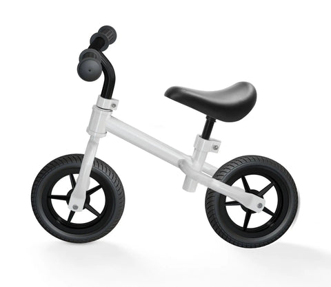 White balance bike with Kid Bike Seat Replacement Cushion for 12 and 14 Inch Balance Bikes, black foam saddle.