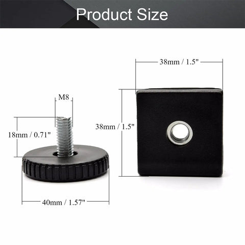 Adjustable Leveling Feet Kit For Furniture 16 Sets 38x38mm Square Tube Insert M8 Thread size diagram, black plastic and metal.