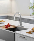 Hurran Kitchen Sink Faucet with Pull Down Sprayer, Brushed Nickel 2 Handles High Arc Stainless Steel Kitchen Faucet with Escutcheon in modern kitchen.