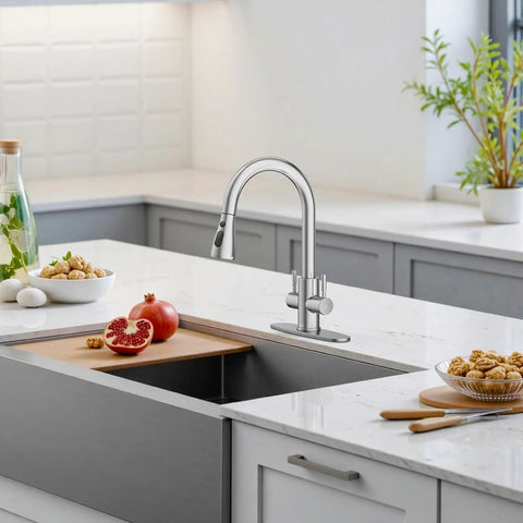 Hurran Kitchen Sink Faucet with Pull Down Sprayer, Brushed Nickel 2 Handles High Arc Stainless Steel Kitchen Faucet with Escutcheon in modern kitchen.
