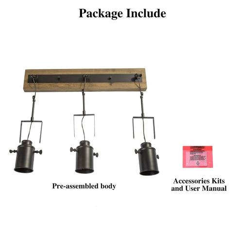 Adjustable 3-Head Track Lighting Fixture In Black Wood Finish, package includes pre-assembled body and user manual