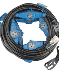 Heavy Duty 50 Foot Extension Cord With Seven Evenly Spaced NEMA 5 15R Outlets And Blue Indicator Lights, 16 Gauge SJTW Copper Core