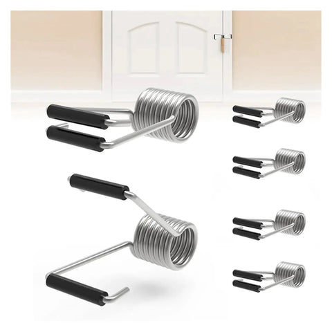Eight Piece Heavy Duty Spring Door Closer Hinge Set For Most Doors Self Closing Metal Hinge Pin System shown with door.
