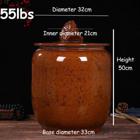 Big Boy Ceramic Rice Jar With Rattle Proof Lid Heavy Duty Porcelain Kitchen Dispenser To Keep Your Grains Coffee Flour And Nuts Fresh Vintage Brown Bulk Pantry Vault, size 32cm diameter, 50cm height.