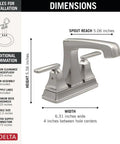 Dimensions and features of Ashlyn Centerset Bathroom Faucet In Brushed Nickel With 2 Handles And High Arc Spout, WaterSense 1.2 GPM
