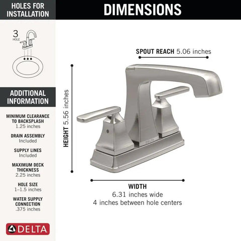 Dimensions and features of Ashlyn Centerset Bathroom Faucet In Brushed Nickel With 2 Handles And High Arc Spout, WaterSense 1.2 GPM