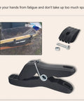 Hands Free Wheelbarrow Tool Holder For Aerocart And Wagon, black plastic clamps, universal fit, securing a rake on wheelbarrow
