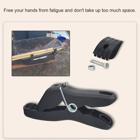 Hands Free Wheelbarrow Tool Holder For Aerocart And Wagon, black plastic clamps, universal fit, securing a rake on wheelbarrow
