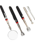 Cool 5 Piece Magnetic Grabber Tool Kit With Stainless Steel Telescoping Rod And Round Inspection Mirror For Reaching Dead Angles Up To 15 Lbs Easy Pickup Gear, five tools laid out