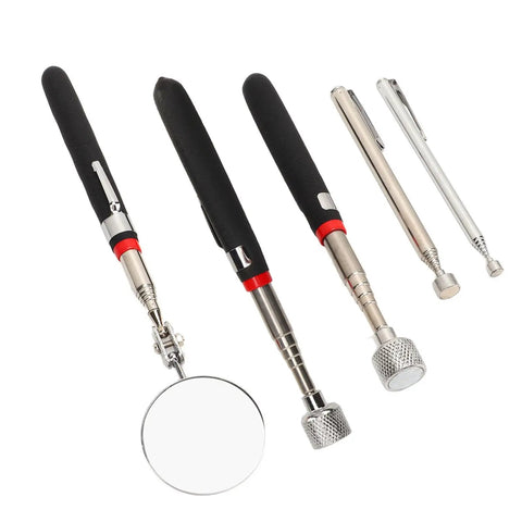 Cool 5 Piece Magnetic Grabber Tool Kit With Stainless Steel Telescoping Rod And Round Inspection Mirror For Reaching Dead Angles Up To 15 Lbs Easy Pickup Gear, five tools laid out