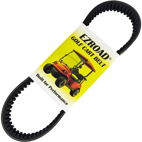 Beefed Up Heavy Duty Drive Belt 618630 for EZGO RXV Terrain Cushman Gas Golf Carts Kawasaki 13HP, visible in packaging with golf cart image