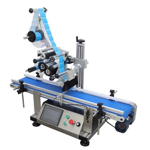Automatic Flat Labeling Machine With Conveyor Belt For Plates And Shop Merch Smart Sensor Desktop Label Applicator 110V heavy-duty setup with blue conveyor.
