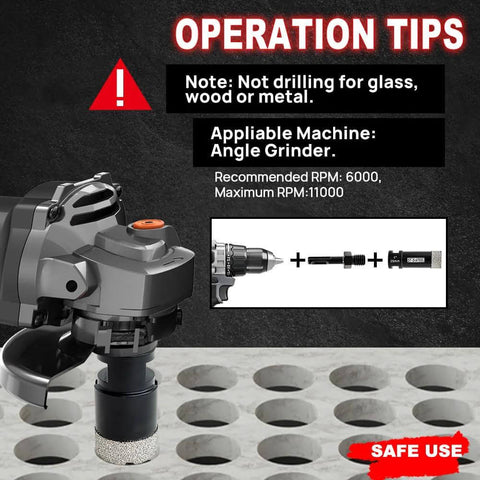 DT-DIATOOL diamond core drill kit with 25/35/51/65/102mm bits and 25mm finger bit, mounted on a drill for tile and stone.
