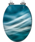 Elongated Quiet Close Toilet Seat for Bathroom in teal with abstract design, made of durable resin, features shiny chrome hinges.