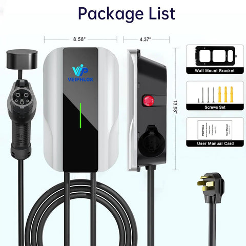 J1772 Level 2 EV Charger 40 Amp 9.6 KW With 25 Ft NEMA 14-50 Cord Plug And Play Setup showing package list and included components.