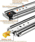 Shop Tough Heavy Duty Full Extension Drawer Slides Pro Grade Ball Bearing Side Mount Locking Rail Tracks For Tool Chests Cabinets And RV Storage With Rock Solid Cold Rolled Steel Construction And Smooth Glide, showcasing safety lock and anti-accidental device.