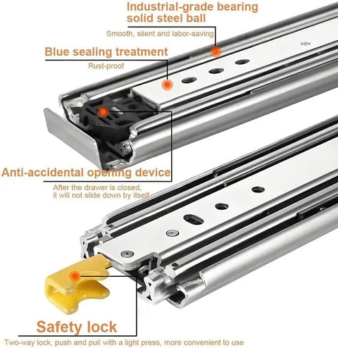 Shop Tough Heavy Duty Full Extension Drawer Slides Pro Grade Ball Bearing Side Mount Locking Rail Tracks For Tool Chests Cabinets And RV Storage With Rock Solid Cold Rolled Steel Construction And Smooth Glide, showcasing safety lock and anti-accidental device.