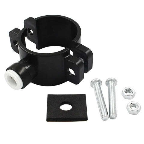 Drain Saddle Valve With Quick Connect Clamp For Under Sink Water Filtration And Reverse Osmosis Systems, Three-Eighths Inch Plastic Hose Pipe Adapter displayed with bolts and washers, front view.