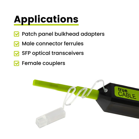 TRUE CABLE fiber optic dual-position pen cleaner side view with LC/MU connectors, lime-green body, 1 pc