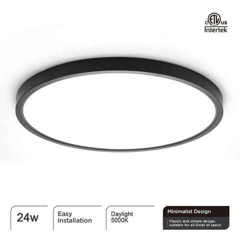 No Fuss Flush Mount LED Ceiling Light 18W 5000K Daylight, round black fixture, minimalist design for aisles, corridors, stairwells