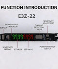 E3Z-22N NPN Output Optical Sensor with diffuse reflection, dual LED display, and sensitivity settings, shown with labeled functions.