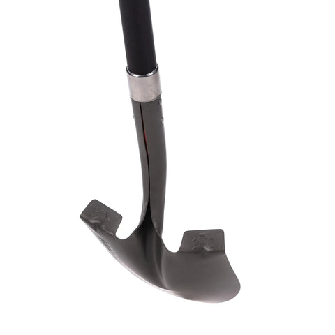 Close-up of Beefy 58 Inch Long Handle Round Point Garden Shovel With Steel Shaft Hardened Powder Coated Steel Head, showing blade and foot pad.