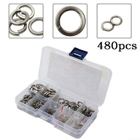 All In One 480 Piece 304 Stainless Steel Spring Lock Washer Set With 9 Sizes M2 Through M10 In Transparent Storage Case For Automotive Electrical And Marine Projects, open case