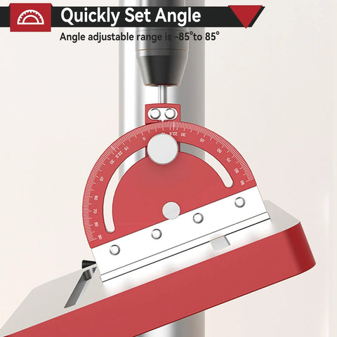Adjustable Multi Angle Drill Press Protractor Square Guide The Handy Angle Finder With Crystal Clear Scale For DIY Woodworking From Negative Eighty Five Degrees To Eighty Five Degrees For Drill Press Table Red installed on drill press.