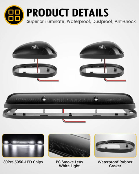 Exploded view of Three Piece Smoke Lens 30 LED Cab Marker Lights Kit With Wire Pack For Silverado Sierra Trucks 2002 2003 2004 2005 2006 2007 Classic Roof Running Top Lights Assembly showing components and wiring.