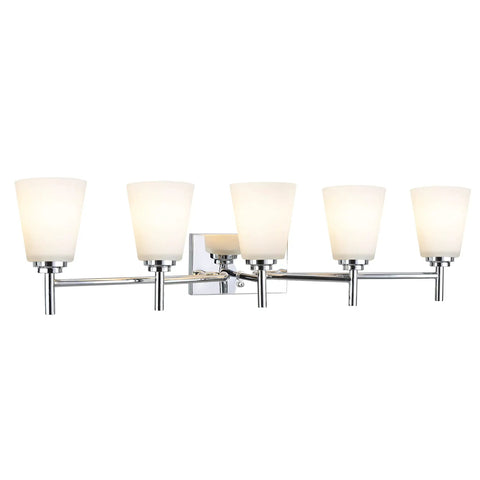 Five Light Chrome Bathroom Vanity Light Fixture With Etched White Glass Shade 33 And A Half Inch Wide Sleek Transitional Design