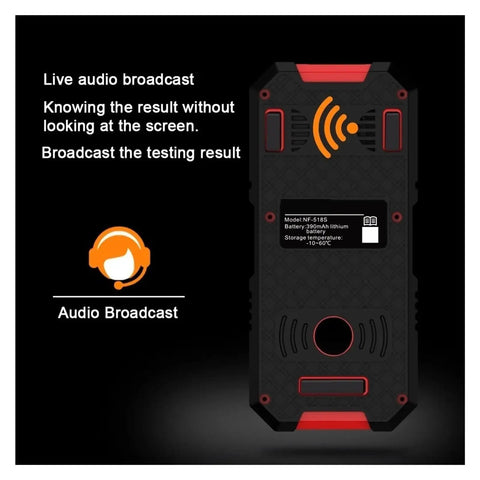 Back view of 196 Ft Laser Distance Measurer and Digital Level Multi-Function Wall Stud Finder showing audio broadcast feature.