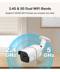 Slick Outdoor WiFi Bullet Security Camera With Heavy Duty Five Megapixel Sensor And Smart AI Human Detection For Crisp Day And Night Surveillance Footage Featuring Dual LED Night Vision And Flexible Storage Support showing dual WiFi band support.