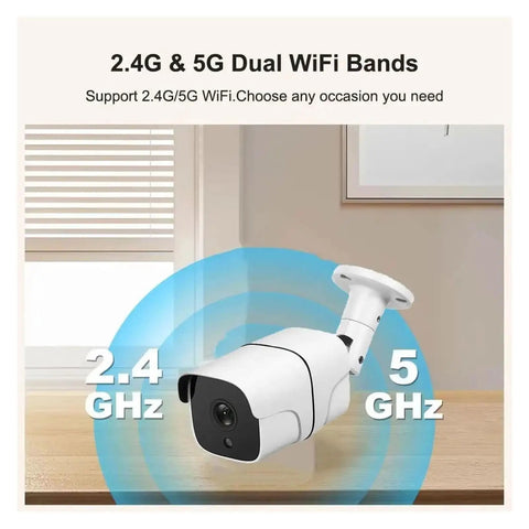 Slick Outdoor WiFi Bullet Security Camera With Heavy Duty Five Megapixel Sensor And Smart AI Human Detection For Crisp Day And Night Surveillance Footage Featuring Dual LED Night Vision And Flexible Storage Support showing dual WiFi band support.