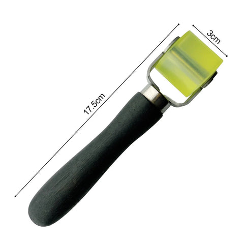 Car sound deadener roller with black handle and yellow roller head; includes 2-inch and 1.2-inch wheels.