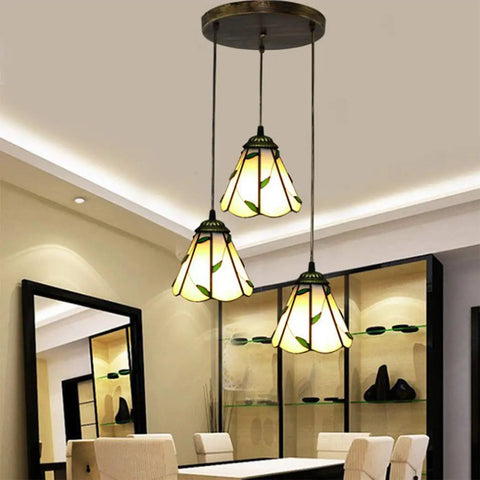 Dining room with Pastoral Tiffany Style 3 Light Pendant Lamp With 10 Inch Green Leaves Stained Glass Shade E27 Ceiling Hanging Light