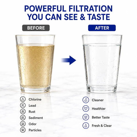 Before and after comparison of water clarity with BPA Free Water Filter Pitcher With 12 Cup Capacity 6 Stage Filtration Long Life Filter Included NSF 42 Approved Filters Up To 2000 Gallons White Your Home Kitchen Must Have For Fresh H2O Everyday