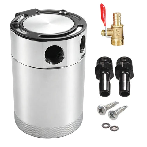 Heavy Duty Dual Port Oil Catch Can For Engine Performance, 300ml aluminum tank with fittings and drain valve.