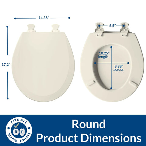 Durable Wood Toilet Seat With Easy Clean Hinges, Round Biscuit Color, Made In USA, dimensions 14.38x17.2 inches