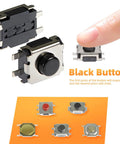 250 Pcs 10-Value Micro Momentary Tactile Push Button Switch Kit For Breadboard And PCB Projects, close-up of black button
