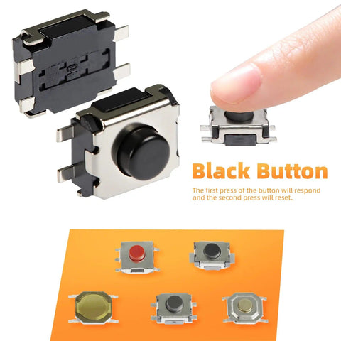250 Pcs 10-Value Micro Momentary Tactile Push Button Switch Kit For Breadboard And PCB Projects, close-up of black button