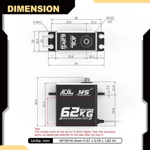 Diagram of Beefy 62Kg Torque Waterproof Steering Servo dimensions for RC cars, showing measurements and IP67 waterproof label