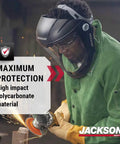 Worker using Replacement Window For MAXVIEW Premium Face Shields Anti Fog Crystal Clear Polycarbonate Clear Tint ANSI Z87 1 Compliant.