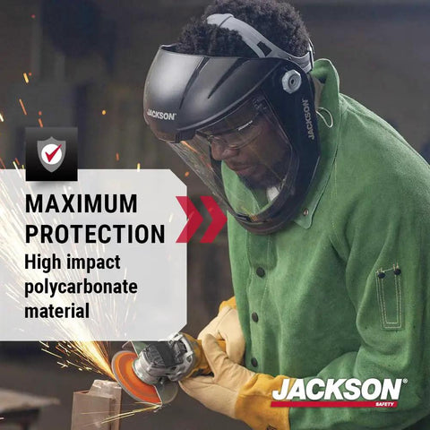 Worker using Replacement Window For MAXVIEW Premium Face Shields Anti Fog Crystal Clear Polycarbonate Clear Tint ANSI Z87 1 Compliant.