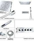 Luxury LED Rain Shower System With Built In Bluetooth Speakers And Thermostatic Faucet Set Five Function Matte Black Body Jet Kit installation accessories and controls.