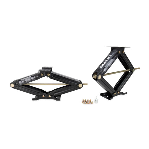 EAZ-Lift 24-Inch Rock-Solid RV Scissor Jacks Set Of 2 Heavy Duty Steel Construction 7,500 Lb Load Capacity Per Jack Rugged Camper Trailer Leveling Gear For Pop-Ups Trailers And Large RVs. black steel RV scissor jacks, bolt-on install, with mounting hardware