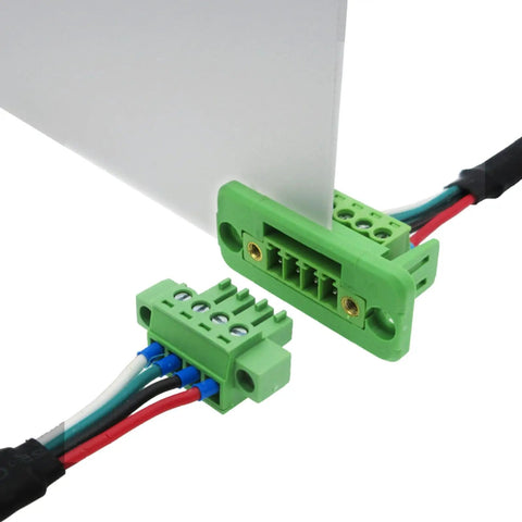 Five Pack 4 Pin Screw Terminal Block Connector With Through Wall Mount 3.81 Millimeter Pitch Beefy PA66 Flame Retardant Safe And Reliable 8 Amp At 300 Volt Fits 16 To 28 AWG Wires installed on a panel