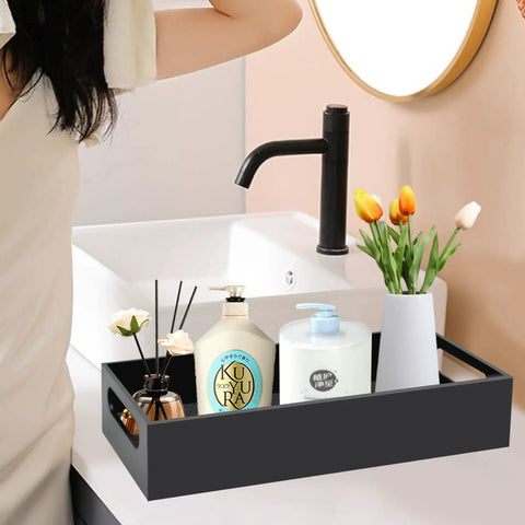 Black Acrylic Toilet Paper Holder With Storage And Tank Tray Modern Vanity Organizer With Handles on a bathroom countertop